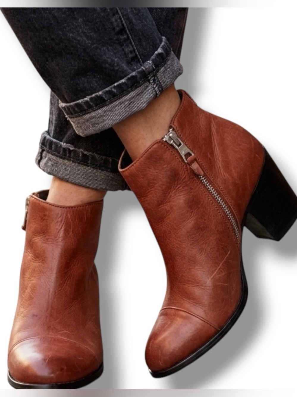 Rag & Bone Margot Cognac Smooth Leather Ankle Boots Chunky Block Heel 8 EUC